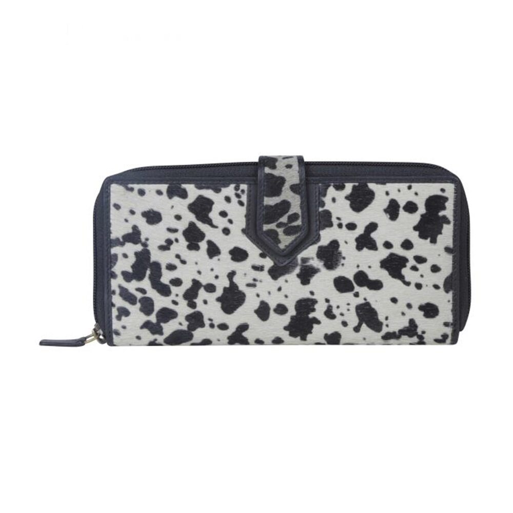 7258 White Black RFID Leather Wallet - Zip Around Fuzzy Hair On Clutch